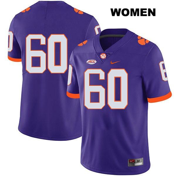 Women's Clemson Tigers #60 Mac Cranford Stitched Purple Legend Authentic Nike No Name NCAA College Football Jersey TLL4446NK